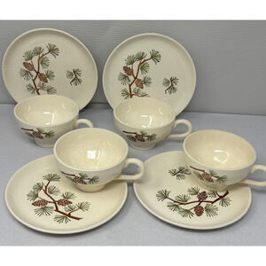 4 1960's Misty Pine Cone Stetson Marcrest‎ Coffee Cup & Appetizer Plate Made USA